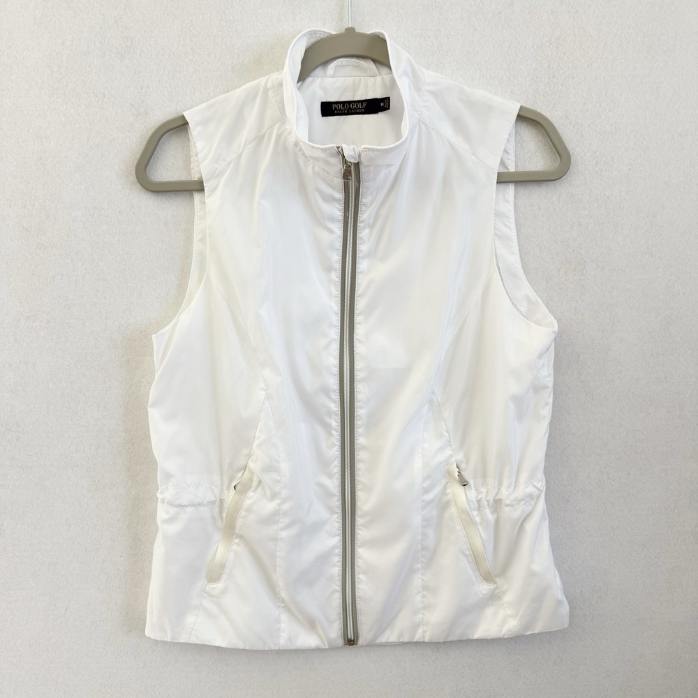 Polo Golf Ralph Lauren Womens Full Zip Vest M White Mesh Lined Reflective Preppy